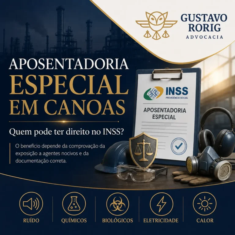 Imagem sobre aposentadoria especial em Canoas, com documento do INSS, EPIs e agentes nocivos como ruído, químicos, biológicos, eletricidade e calor.