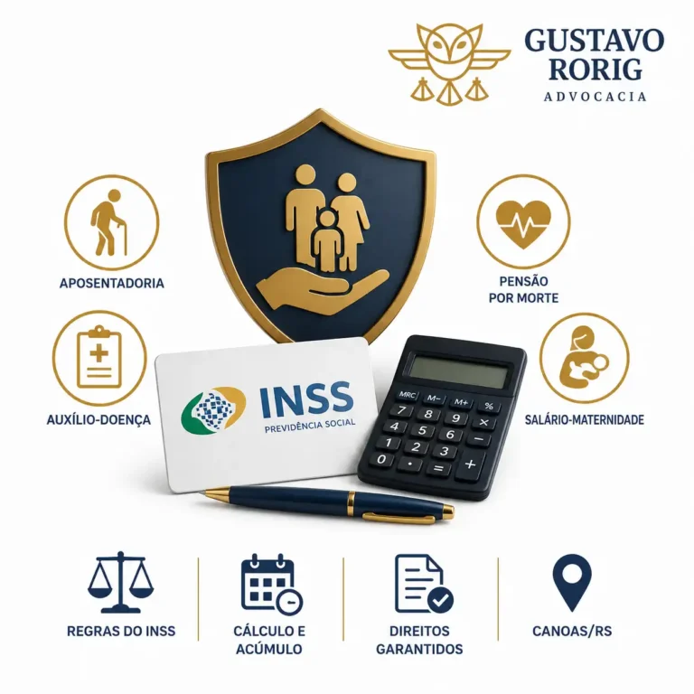 Imagem sobre cumulação de benefícios do INSS em Canoas, com símbolos de aposentadoria, pensão por morte, auxílio-doença, salário-maternidade, cálculo e regras previdenciárias.