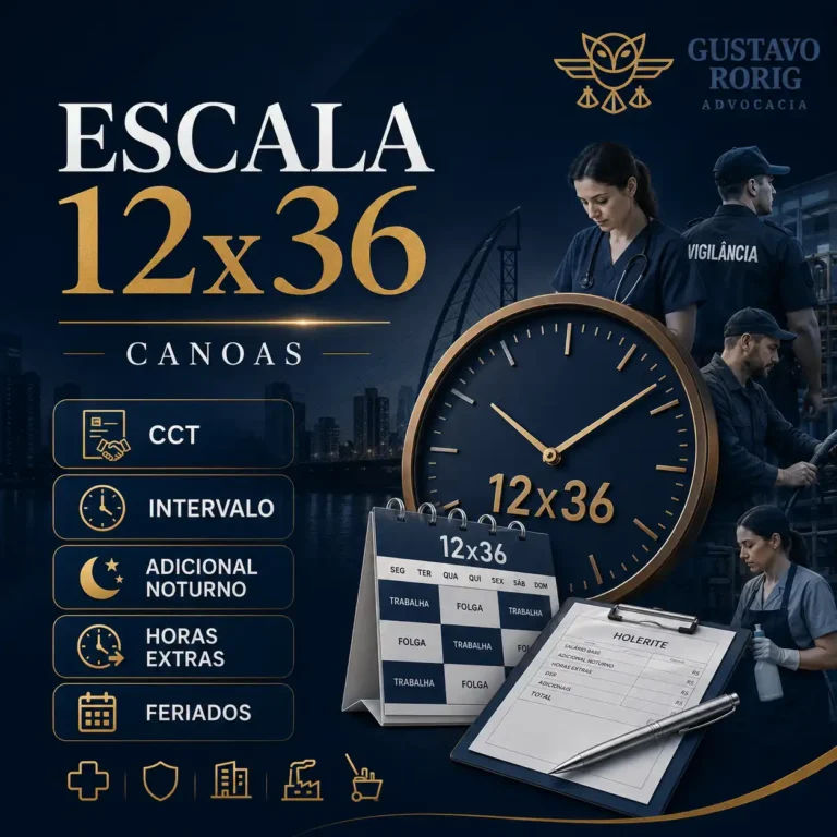 Imagem sobre escala 12x36 em Canoas, com relógio, calendário de jornada, holerite e trabalhadores das áreas de saúde, vigilância, indústria e limpeza.