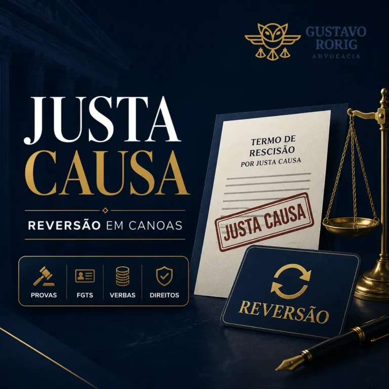Imagem sobre justa causa e reversão em Canoas, com termo de rescisão, balança da justiça e palavras-chave como provas, FGTS, verbas e direitos.