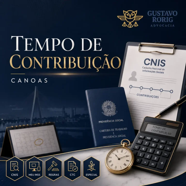 Imagem sobre tempo de contribuição em Canoas, com CNIS, carteira de trabalho, calculadora, calendário e documentos previdenciários do INSS.