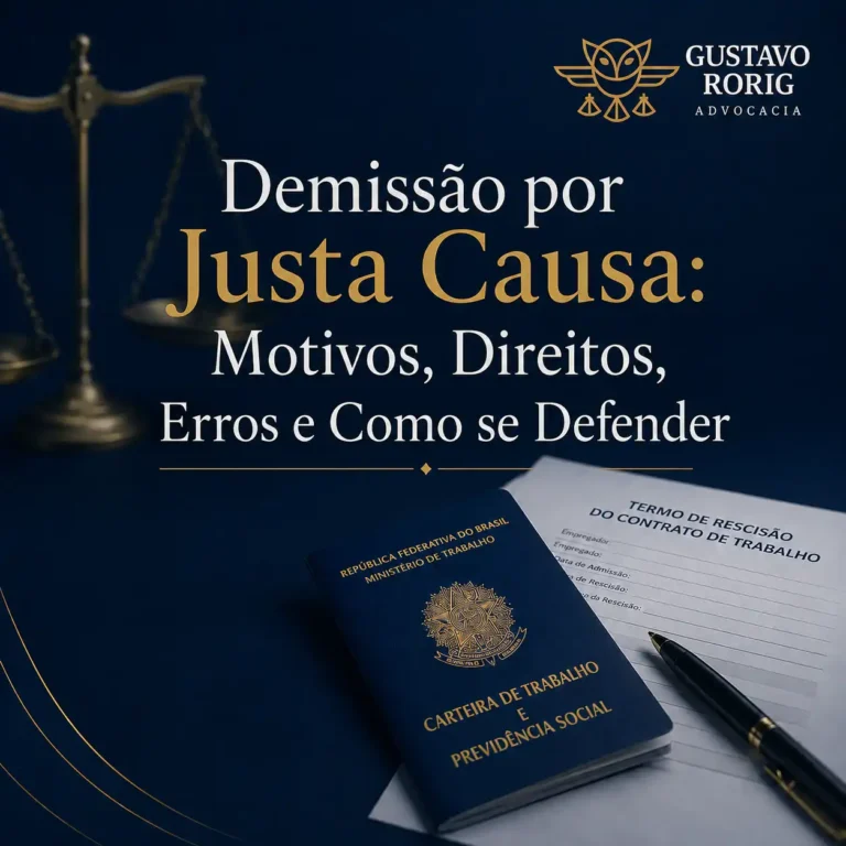 Imagem sobre demissão por justa causa em Canoas, com carteira de trabalho, termo de rescisão, balança da justiça, FGTS, provas, CLT e direitos trabalhistas.