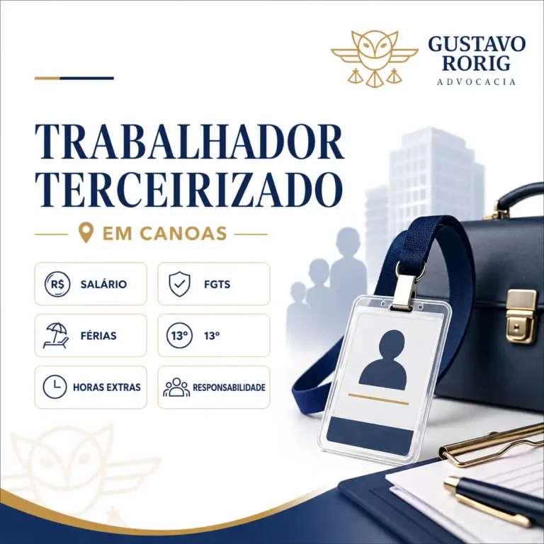 Imagem sobre direitos do trabalhador terceirizado em Canoas, com crachá, pasta de trabalho, ícones de salário, FGTS, férias, 13º e horas extras.