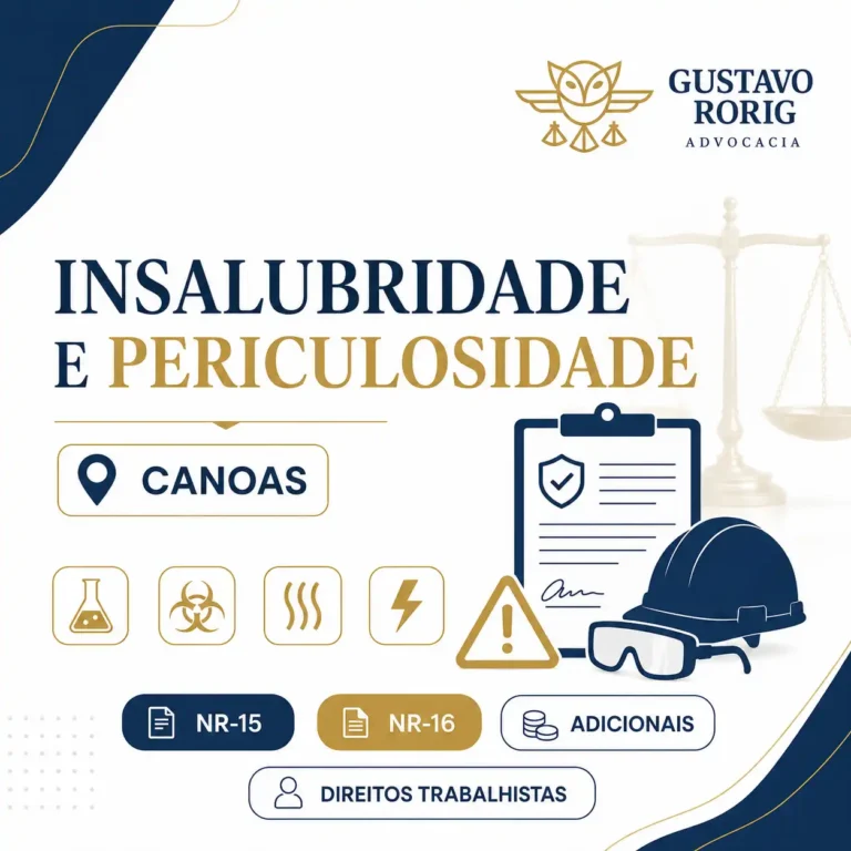 Imagem sobre insalubridade e periculosidade em Canoas, com capacete, óculos de proteção, documento técnico, balança da justiça e ícones de agentes químicos, biológicos, calor e eletricidade.