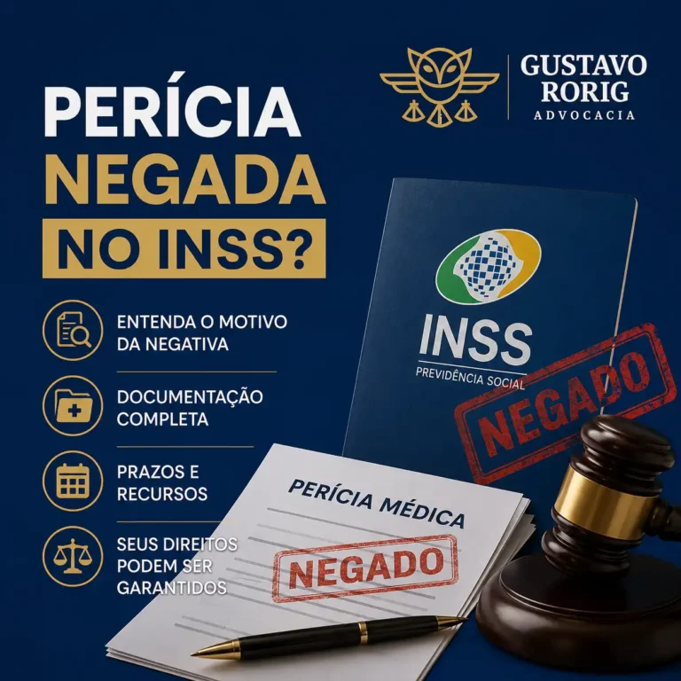 Imagem sobre perícia negada no INSS, com documento de perícia médica, carteira do INSS, carimbo de negado, martelo da justiça e indicação de recurso, documentação médica e direitos previdenciários.