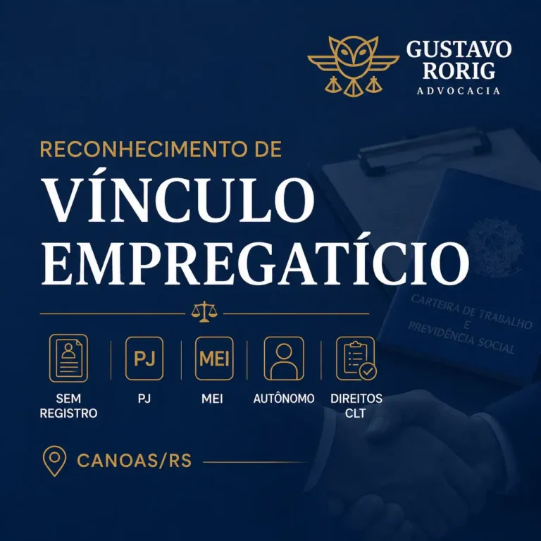 Imagem sobre reconhecimento de vínculo empregatício em Canoas, com carteira de trabalho, aperto de mãos, documentos trabalhistas e palavras-chave como PJ, MEI, autônomo, sem registro e direitos CLT.