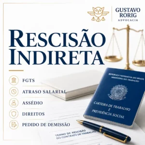 Imagem sobre rescisão indireta em Canoas, com carteira de trabalho, termo de rescisão, balança da justiça, FGTS, atraso salarial, assédio, direitos e pedido de demissão.