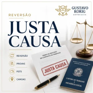 Imagem sobre reversão de justa causa em Canoas, com carteira de trabalho, termo de rescisão, balança da justiça, provas, FGTS e direitos trabalhistas.