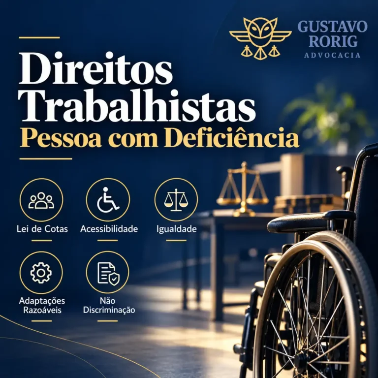 Imagem sobre direitos trabalhistas da pessoa com deficiência, com cadeira de rodas e símbolos de acessibilidade, Lei de Cotas, igualdade e inclusão no trabalho.